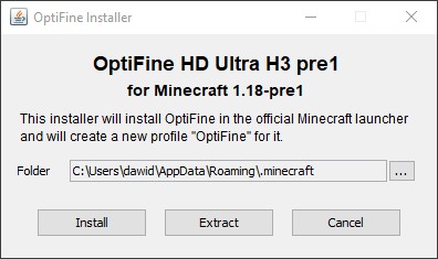 Okienko instalacji OptiFine 1.18
