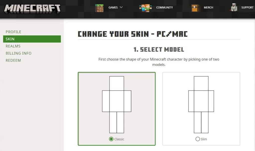 wybór rozmiaru skina Minecraft
